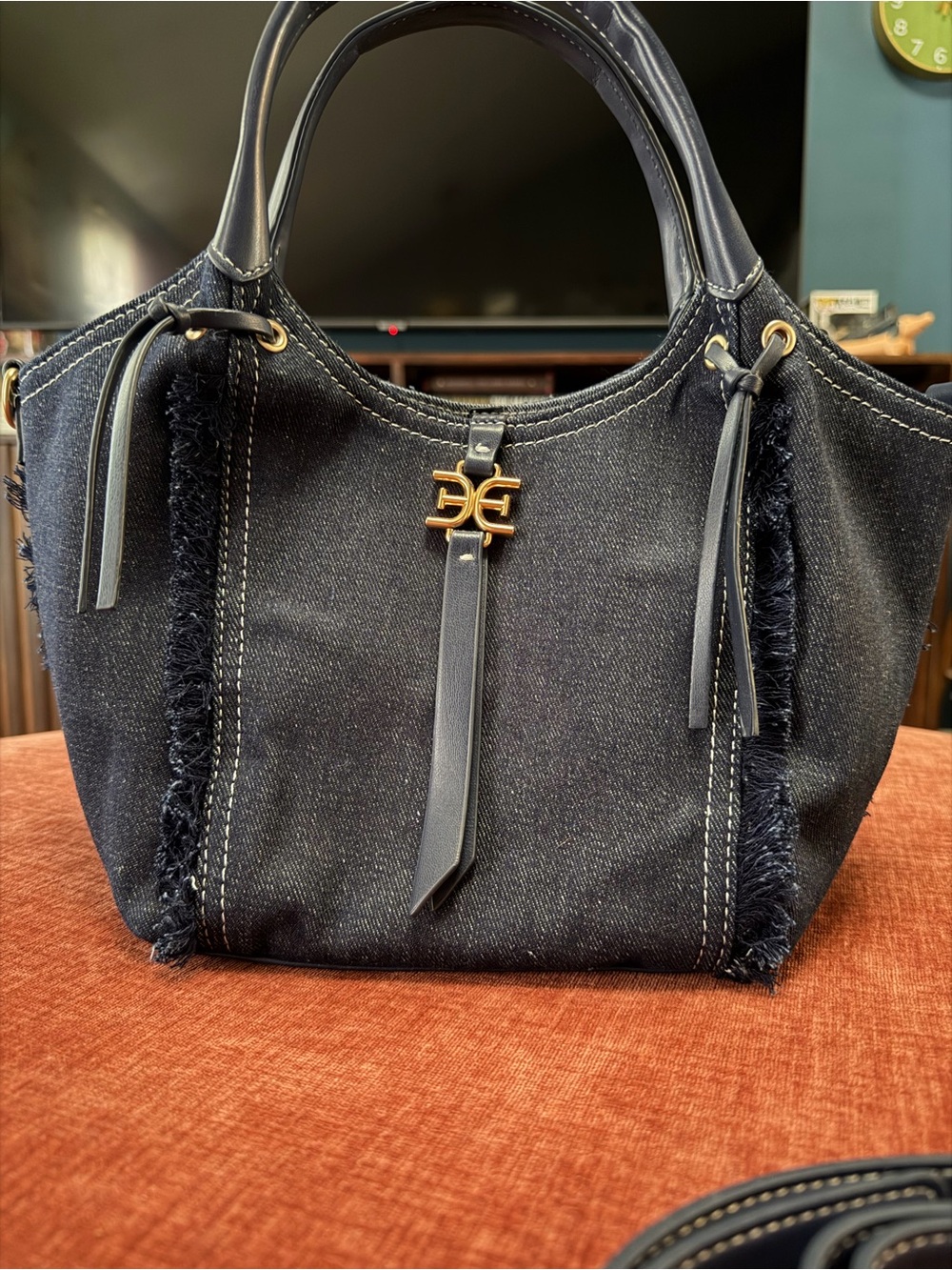 Sam Edelman Black Denim Shoulder Tote with Gold Logo Accent